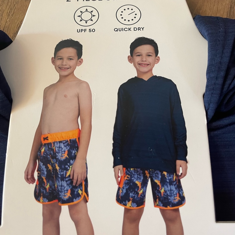 Lands' End Youth 2-PC Swim Set; 1- piece swim trunk & blue hooded rash guard